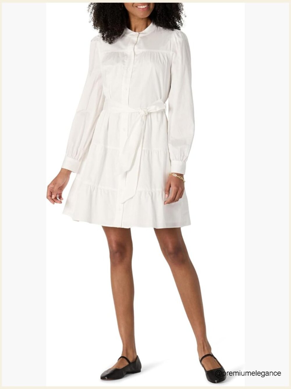 Regular-Fit Cotton Sateen Tiered Shirt Dress Long Sleeve Button Front